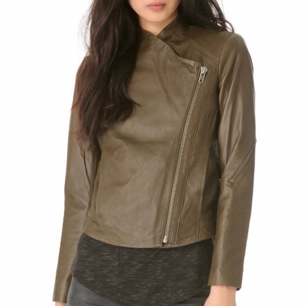 Helmut Lang Lambskin Leather Moto Jacket in Olive